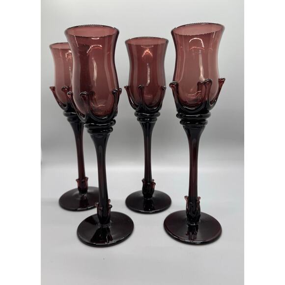 Signed Robert Deeble set of 4 Ruby Hand Blown Glasses Crown base Stunning Set - Picture 2 of 11